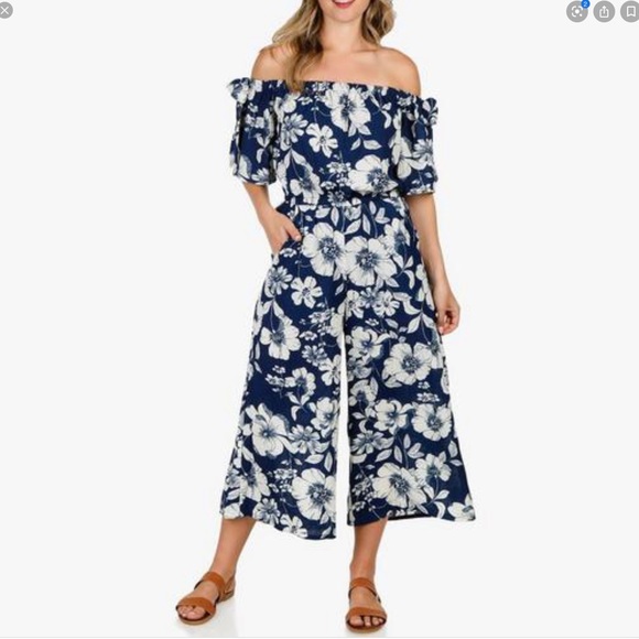 AUW Pants - AUW Blue/White Floral Crop Wide Leg Jumpsuit 6